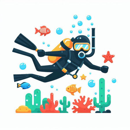 Scuba diver diving underwater with corals and fish vector illustration.のイラスト素材
