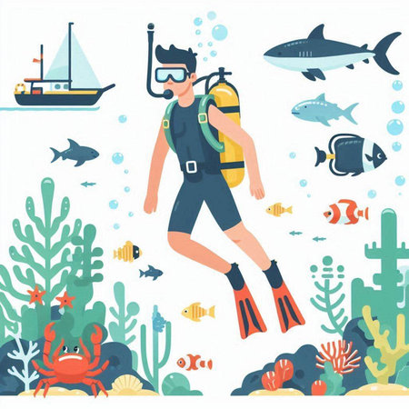 Scuba diving vector illustration. Cartoon diver in scuba mask and snorkel swimming underwater.のイラスト素材