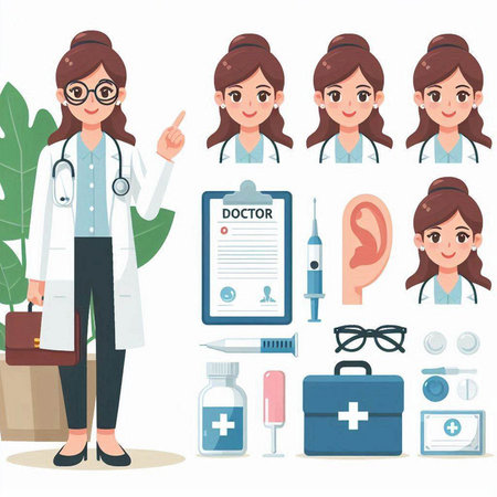 Female doctor cartoon character set. Female medical staff. Vector illustration.のイラスト素材