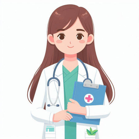 Female doctor with stethoscope and first aid kit. Vector illustration.のイラスト素材