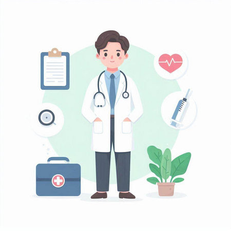 Male doctor with stethoscope and medical equipment. Vector illustration.のイラスト素材