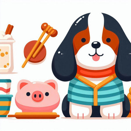 Cute cartoon dog and piggy bank. Vector illustration in a flat style.のイラスト素材