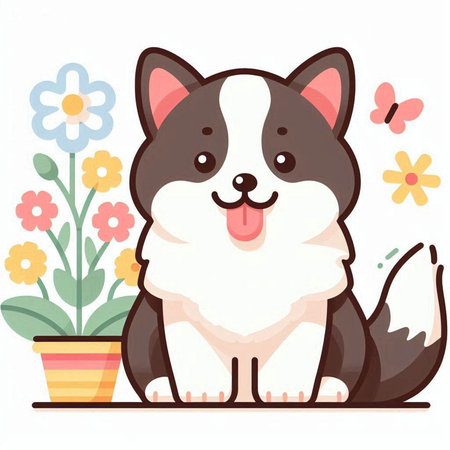 Cute corgi dog with flowers in a pot. Vector illustration.のイラスト素材