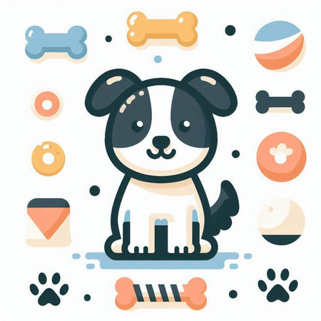 Cute cartoon dog with bone and food. Vector illustration in flat style.のイラスト素材