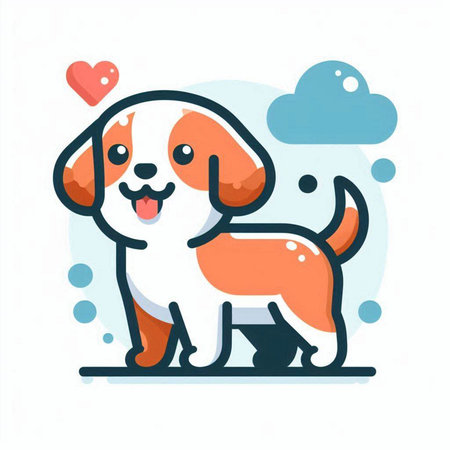 Cute cartoon dog with hearts. Vector illustration in flat style.のイラスト素材