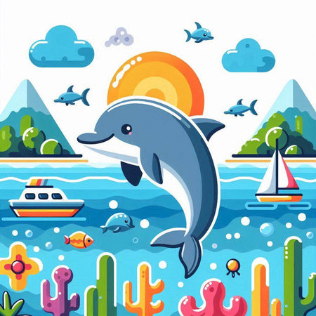Cartoon vector illustration of cute dolphin swimming in the sea. Marine background.のイラスト素材