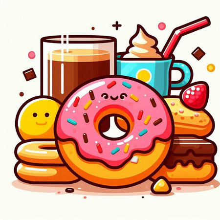 Cute donuts and a cup of coffee. Vector illustration.のイラスト素材