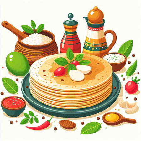 Vector illustration of a stack of pancakes with ingredients for cooking on a white backgroundのイラスト素材