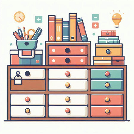 Illustration of a chest of drawers with books and stationeryのイラスト素材
