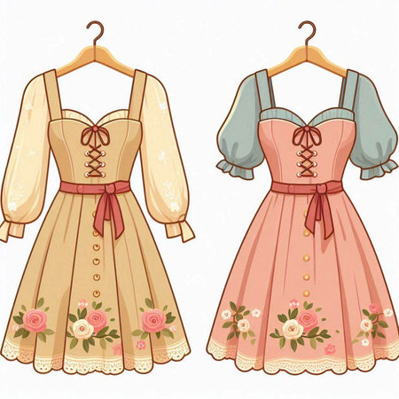 Set of vintage women's dresses with floral pattern. Vector illustration.のイラスト素材