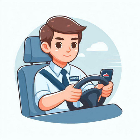 Young man driving a car. Vector illustration in a flat style.のイラスト素材