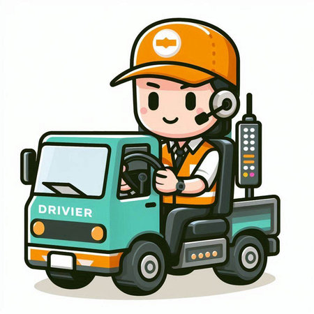 Illustration of a Cute Male Worker Driving a Forklift Truckのイラスト素材