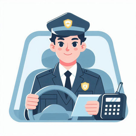 Policeman sitting behind the steering wheel. Vector illustration in flat styleのイラスト素材