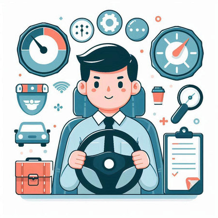 Man driving a car and holding steering wheel. Vector illustration in cartoon style.のイラスト素材
