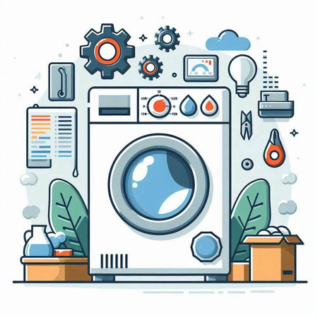 Washing machine. Vector illustration in thin line style on white background.のイラスト素材