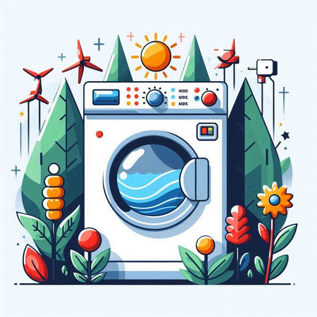Vector illustration of modern flat design concept of washing machine with solar panels, wind turbines and flowers.のイラスト素材