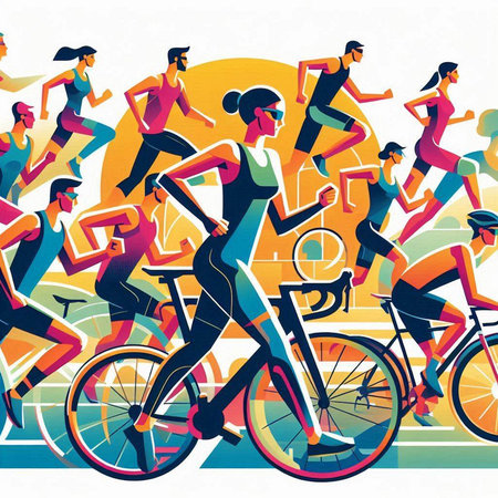Vector illustration of a group of people on a bicycle race. Healthy lifestyle.のイラスト素材