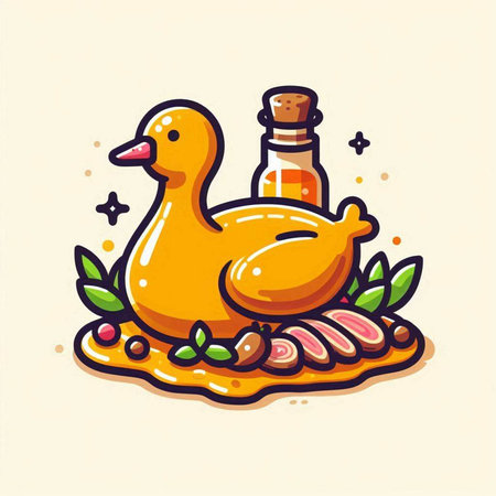 Illustration of a duck and a bottle of wine on a plateのイラスト素材