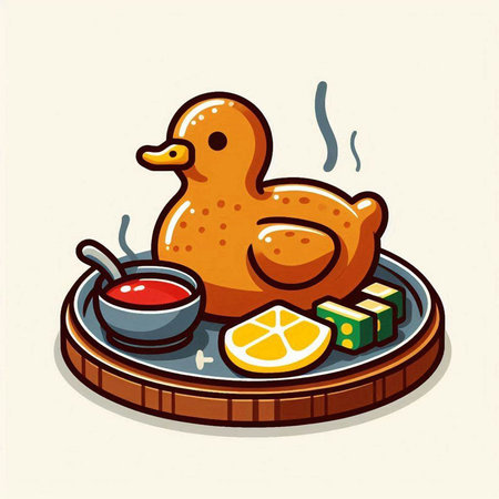 Illustration of a duck on a plate with a bowl of soup.のイラスト素材