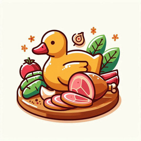Illustration of a duck on a wooden plate with vegetables and meatのイラスト素材