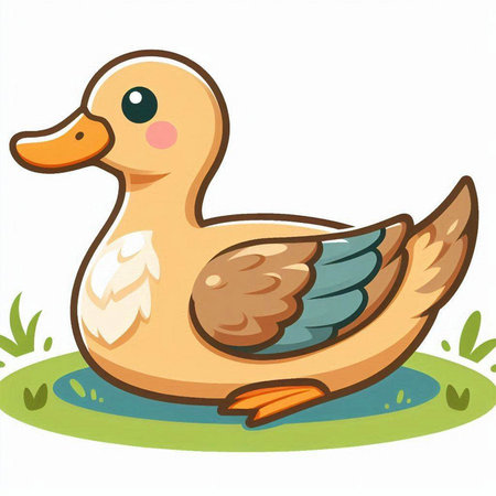Illustration of a Cute Little Duck on the Grass - Vectorのイラスト素材