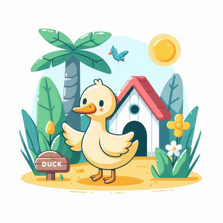 Illustration of a cute duck in front of the house on the beachのイラスト素材