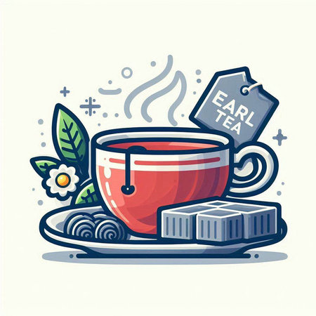 Cup of tea with label. Vector illustration in flat style.のイラスト素材