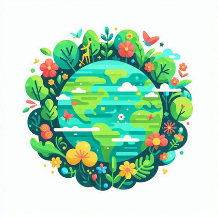 Vector illustration of planet earth with flowers and butterflies. Flat style.のイラスト素材
