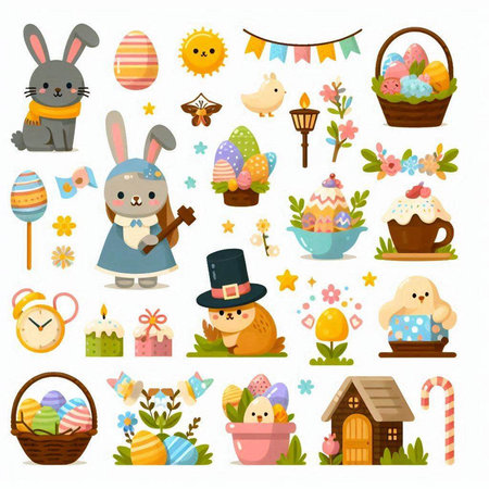 Easter icons set. Cute cartoon bunny, eggs, spring flowers, candies, sweets, cake, rabbit, chicken, bird, chicken, hamster, basket with eggs. Happy easter.のイラスト素材