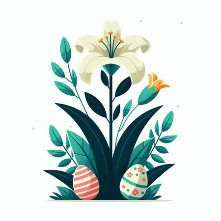 Easter card with lily flower, eggs and leaves. Vector illustration.のイラスト素材