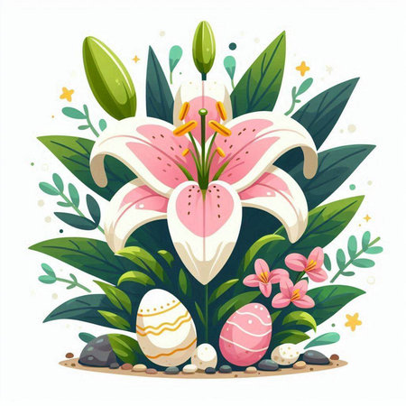 Easter background with lily flowers and eggs. Vector illustration.のイラスト素材