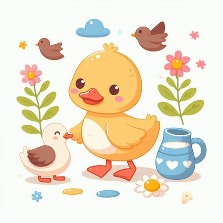 Vector illustration of a cute duckling with flowers, birds and milkのイラスト素材