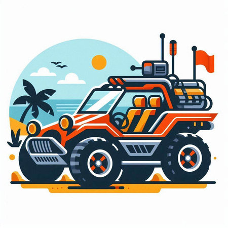 Vector illustration of off-road vehicle on the beach with palm trees.のイラスト素材