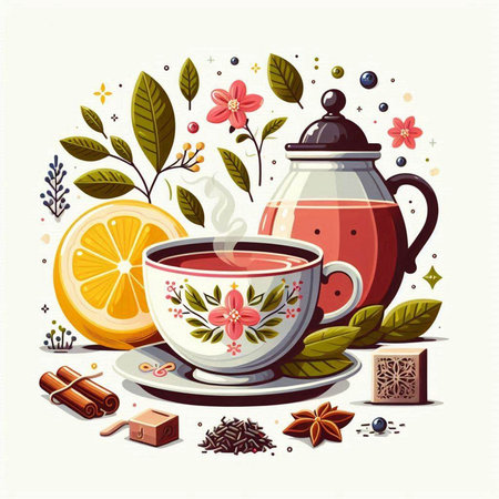 Cup of tea with lemon, cinnamon and anise. Vector illustration.のイラスト素材