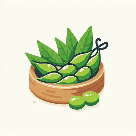 Green soybeans in wooden bowl with green leaves. Vector illustration.のイラスト素材