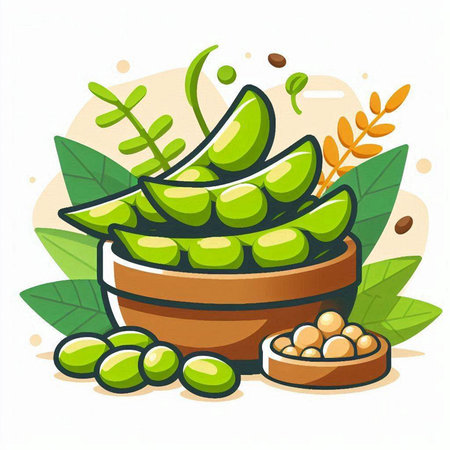 Vector illustration of fresh green soybeans in wooden bowl on white background.のイラスト素材