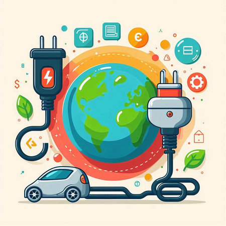 Electric car and plug in the world. Ecological transport concept. Vector illustration.のイラスト素材