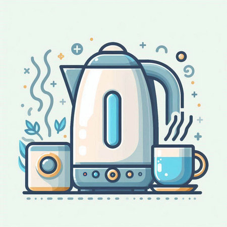 Modern electric kettle with two cups of hot drink. Vector illustration.のイラスト素材