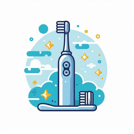 Electric toothbrush and toothpaste in flat line style. Vector illustration.のイラスト素材