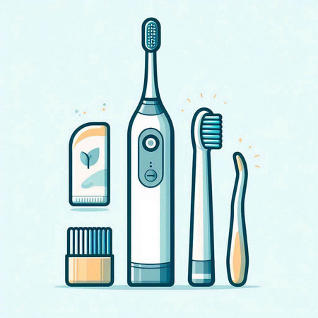Electric toothbrush and toothpaste. Vector illustration in flat style.のイラスト素材