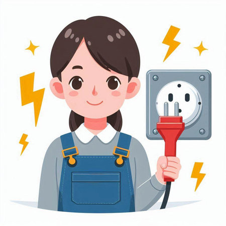 Woman electrician and power socket. Vector illustration in cartoon style.のイラスト素材