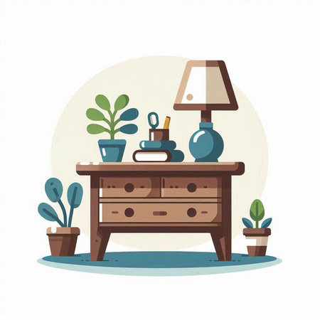 Vector illustration of a room interior with furniture and plants. Flat style.のイラスト素材