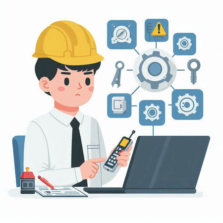 Engineer working with laptop. Vector illustration in a flat style.のイラスト素材
