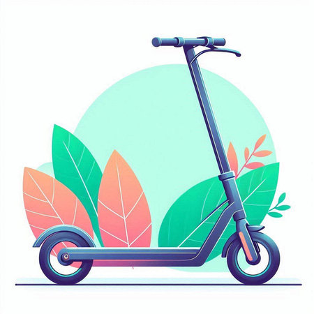 Modern electric scooter on a background of green leaves. Vector illustration.のイラスト素材