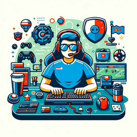 Cyber security concept. Vector illustration in line art style. Man playing computer games.のイラスト素材