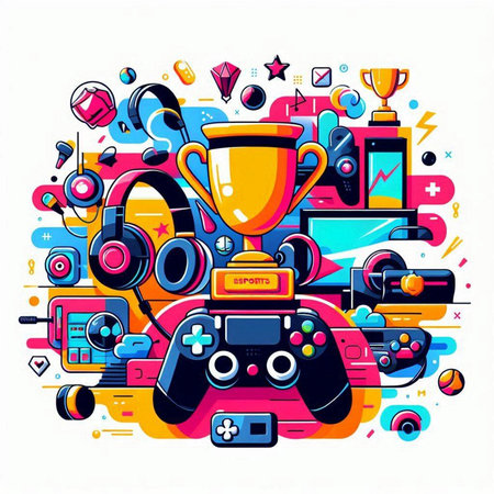Retro style vector illustration of a gamepad and a trophy.のイラスト素材