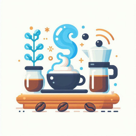 Coffee maker and coffee beans on wooden tray. Flat vector illustration.のイラスト素材