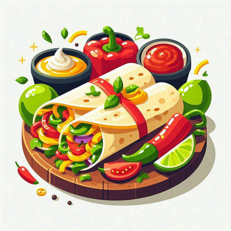 Mexican food vector illustration. Traditional mexican tacos with guacamole sauce, guacamole, chili pepper, lime, onion, tomato, cucumber, onion, bell pepper and tortillaのイラスト素材