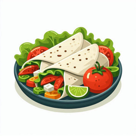 Tortilla wrap with tomato and cucumber on plate. Vector illustrationのイラスト素材