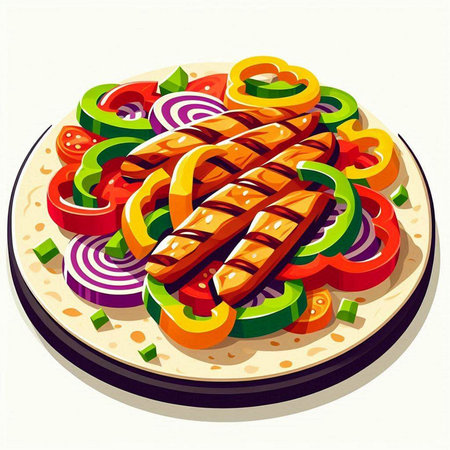 Vector illustration of grilled sausages with vegetables on a plate.のイラスト素材